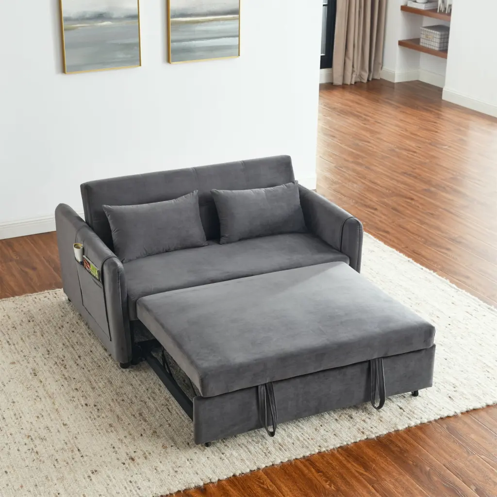 Carbon Black Velvet 3--1 Convertible Sofa Bed Pullout Sleep Option & Side Pockets Ponnky