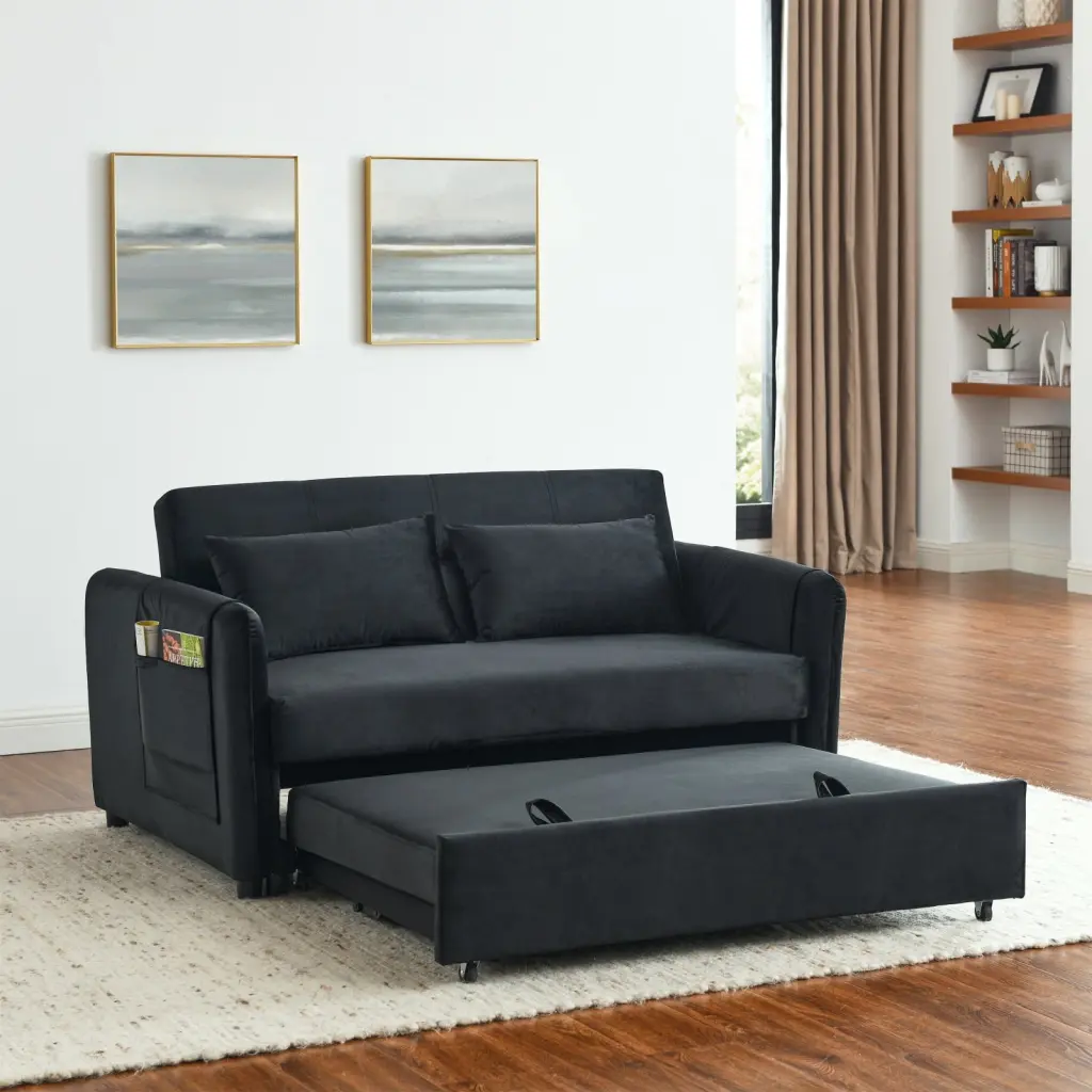 Carbon Black Velvet Double Sofa Bed 3--1 Convertible Pullout Sleep Option Ponnky