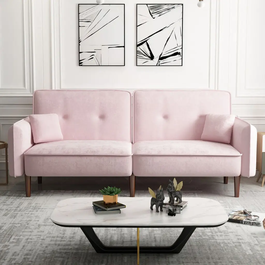 Chic Convertible Sofa Bed Soft Pink Velvet Comfortable Foam Filler Sturdy Wood Legs Storage Pockets Ponnky