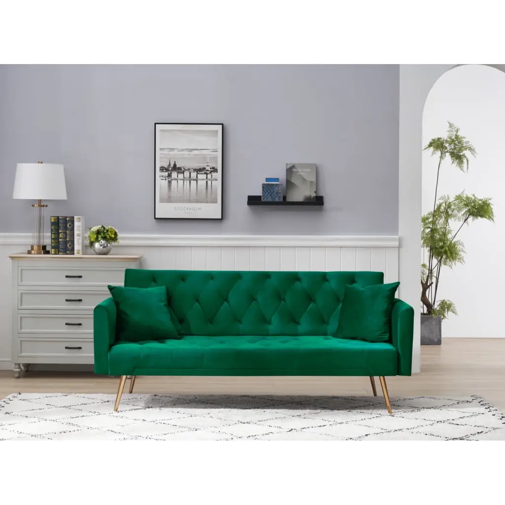 Green Velvet Sofa Bed 71-Inch Convertible Double Folding Living Room Couch Multi-Functional 3 Adjustable Postures Foam Fil...