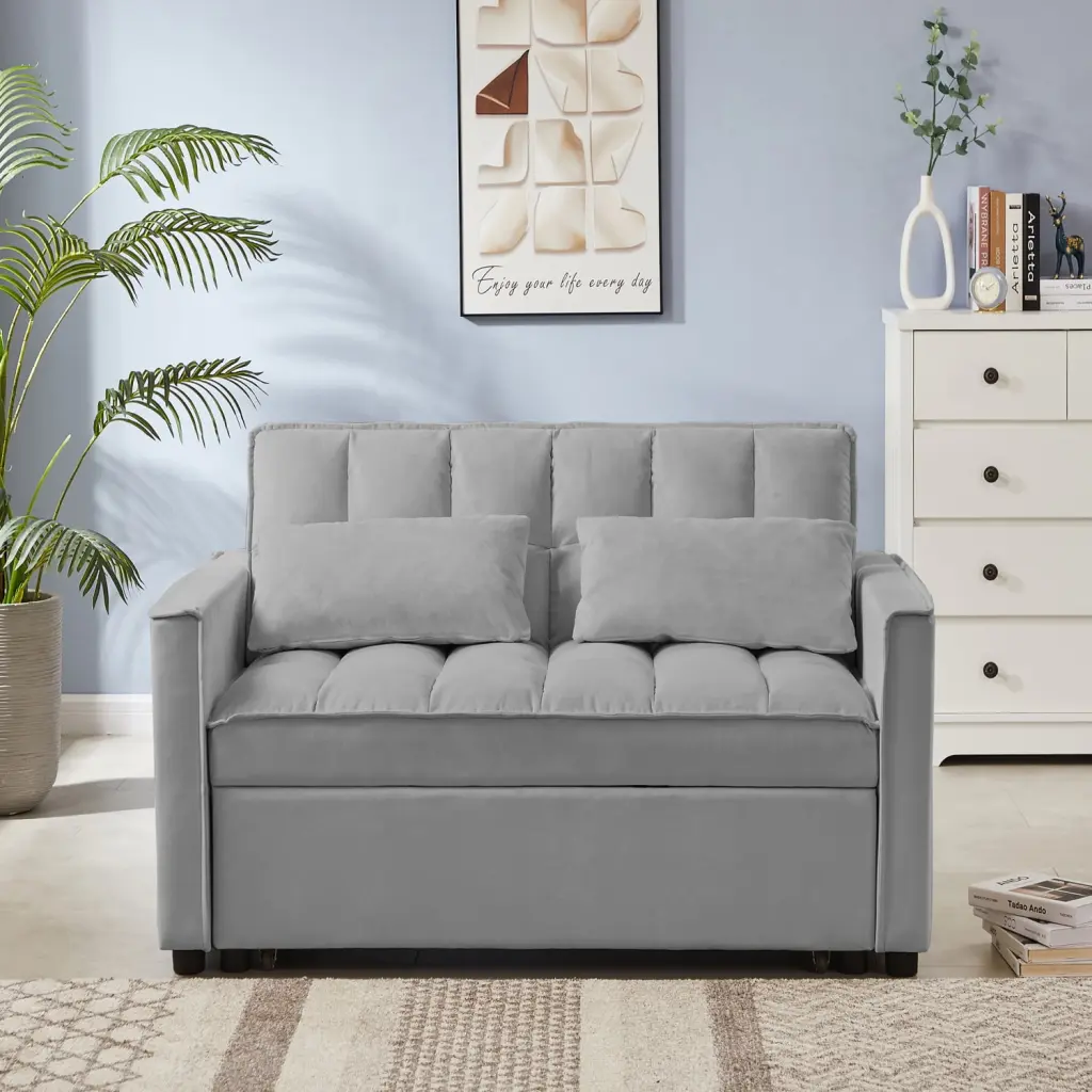 Grey Velvet Loveseat Sofa Bed Convertible Square Arms Tufted Back Foam-Filled Comfort Ponnky