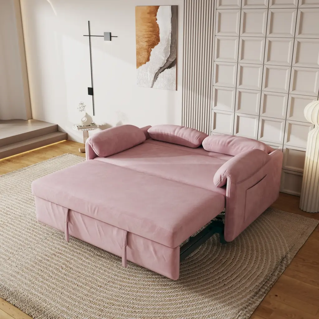 54 Inch Pink Velvet Sofa Bed Multi Purpose Retractable Living Room Couch Ponnky