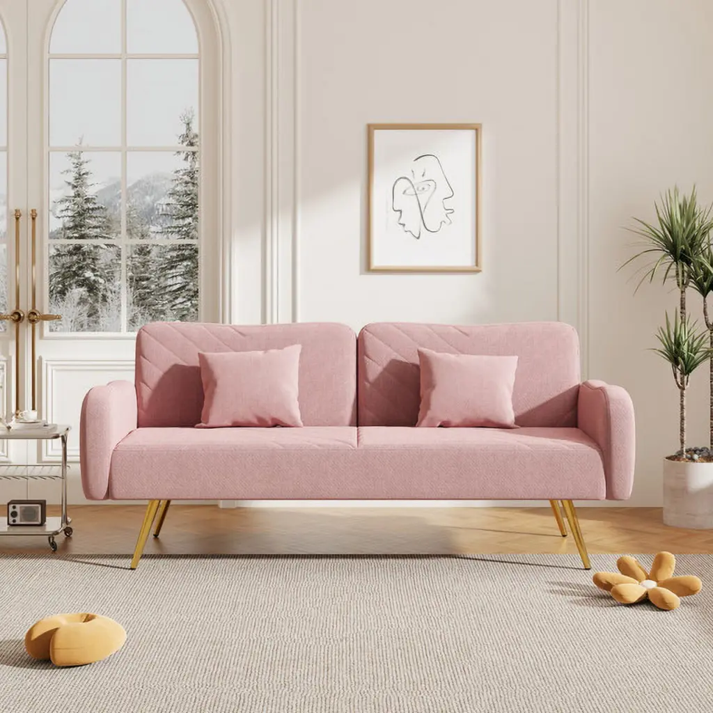 Plush Pink Fabric Double Sofa Split Backrest - Two Throw Pillows Included - Convertible Sofa Bed Ponnky