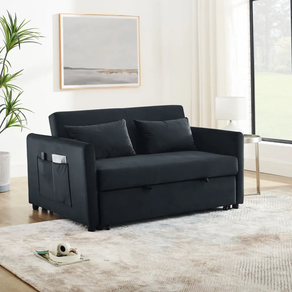 Sleek 3--1 Convertible Sofa Bed Classic Black Adjustable Backrest and Side Pockets Ponnky