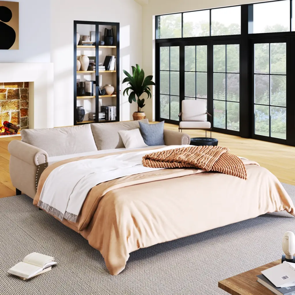 U-Style 80.7 Inch 2--1 Sofa Bed Sleeper Large Mattress Versatile Living Room Furniture Beige Ponnky