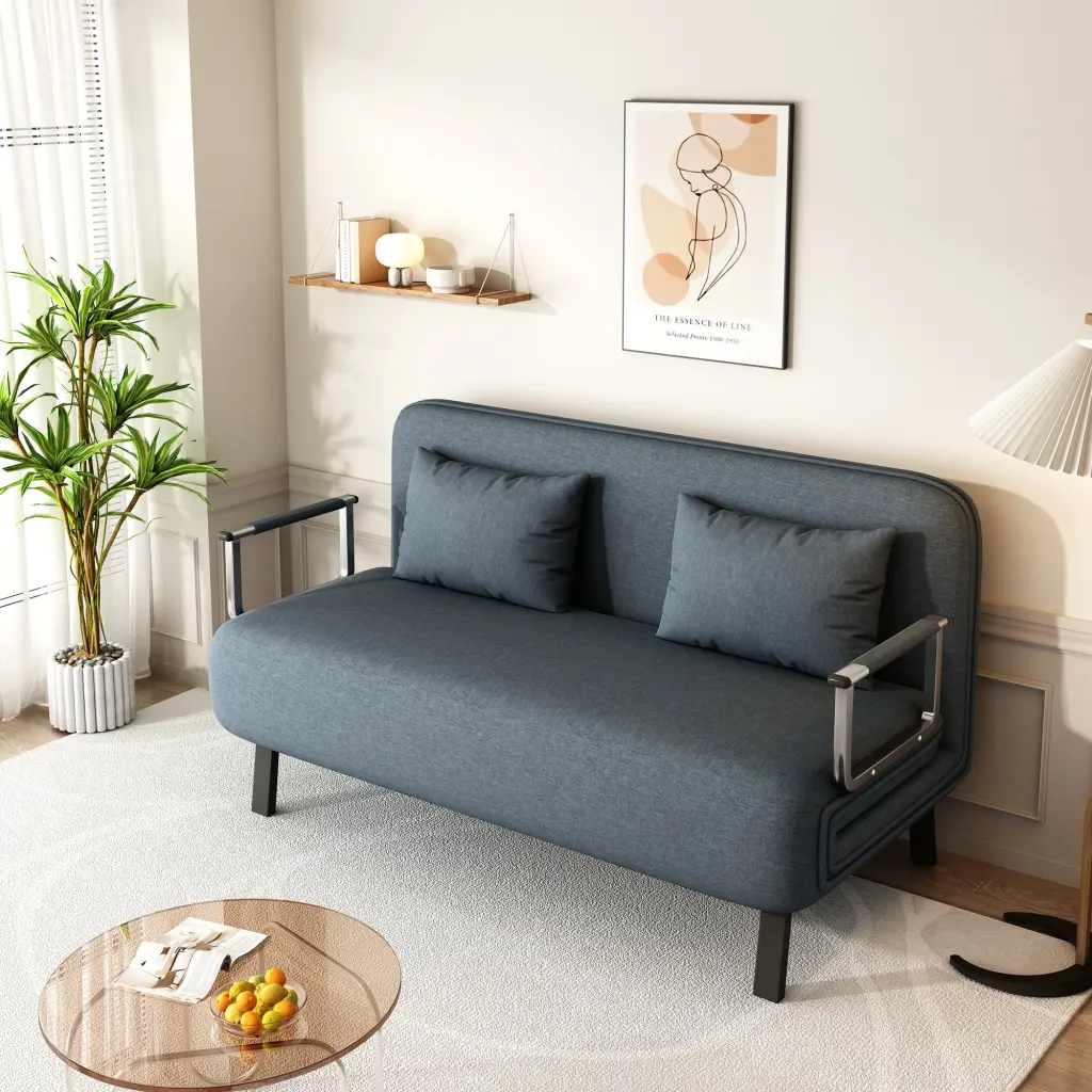 55 Inch Convertible Chair Bed Tri-Fold Sofa Bed Adjustable Backrest Pillow Sturdy Steel Frame Home Office TANG GONG Furnit...
