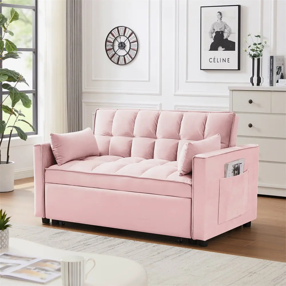 55.2 Modern Velvet Pullout Sofa 3 1 Convertible Sleeper Bed Reclining Backrest Pink THOWDEE
