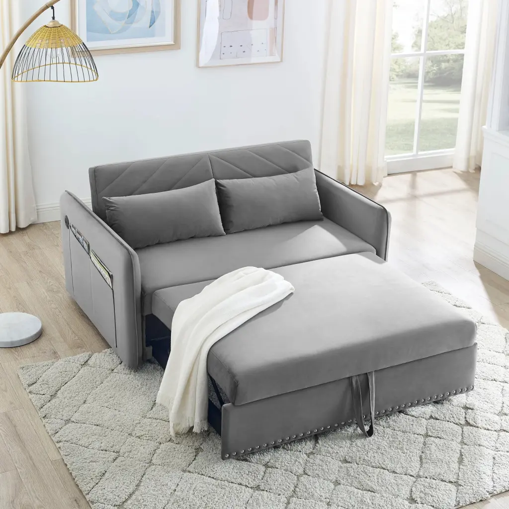 3--1 Pull Out Sofa Sleeper Adjustable Convertible Sofa Bed Lumbar Pillows and Side Pocket Soft Velvet Living Room Bedroom ...