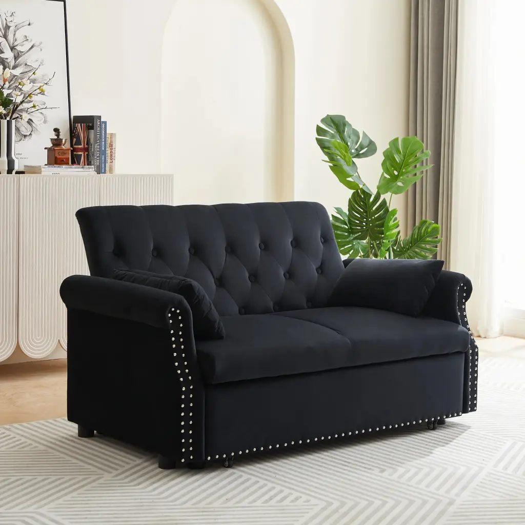 55 Modern Shiny Velvet Convertible Loveseat Sleeper Sofa Lumbar Pillows unknown