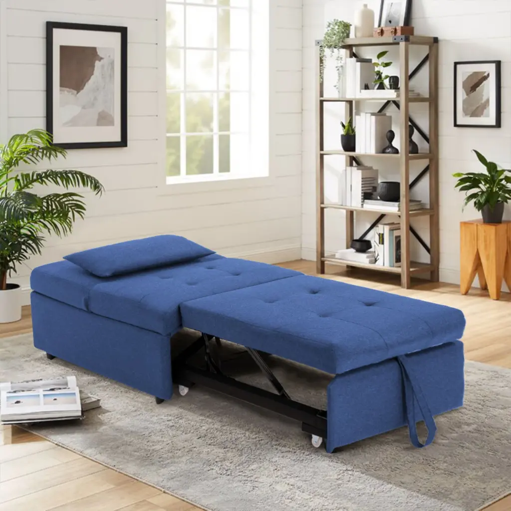 Sofa Bed 3 1 Chair Sleeper Convert Sofa to Bed Single Adult Blue Linen Fabric Waytrim
