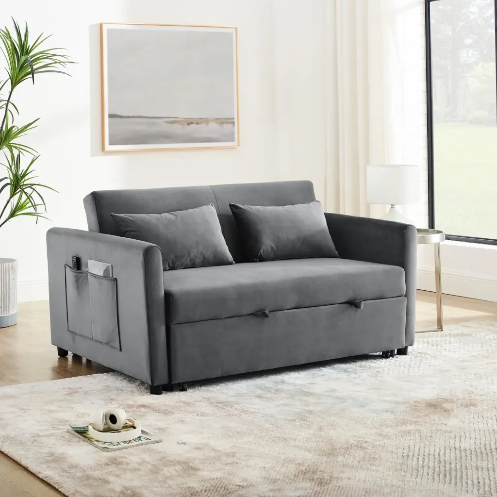 54 Grey 3--1 Velvet Convertible Sofa Bed Adjustable Backrest & Lumbar Support Wodine