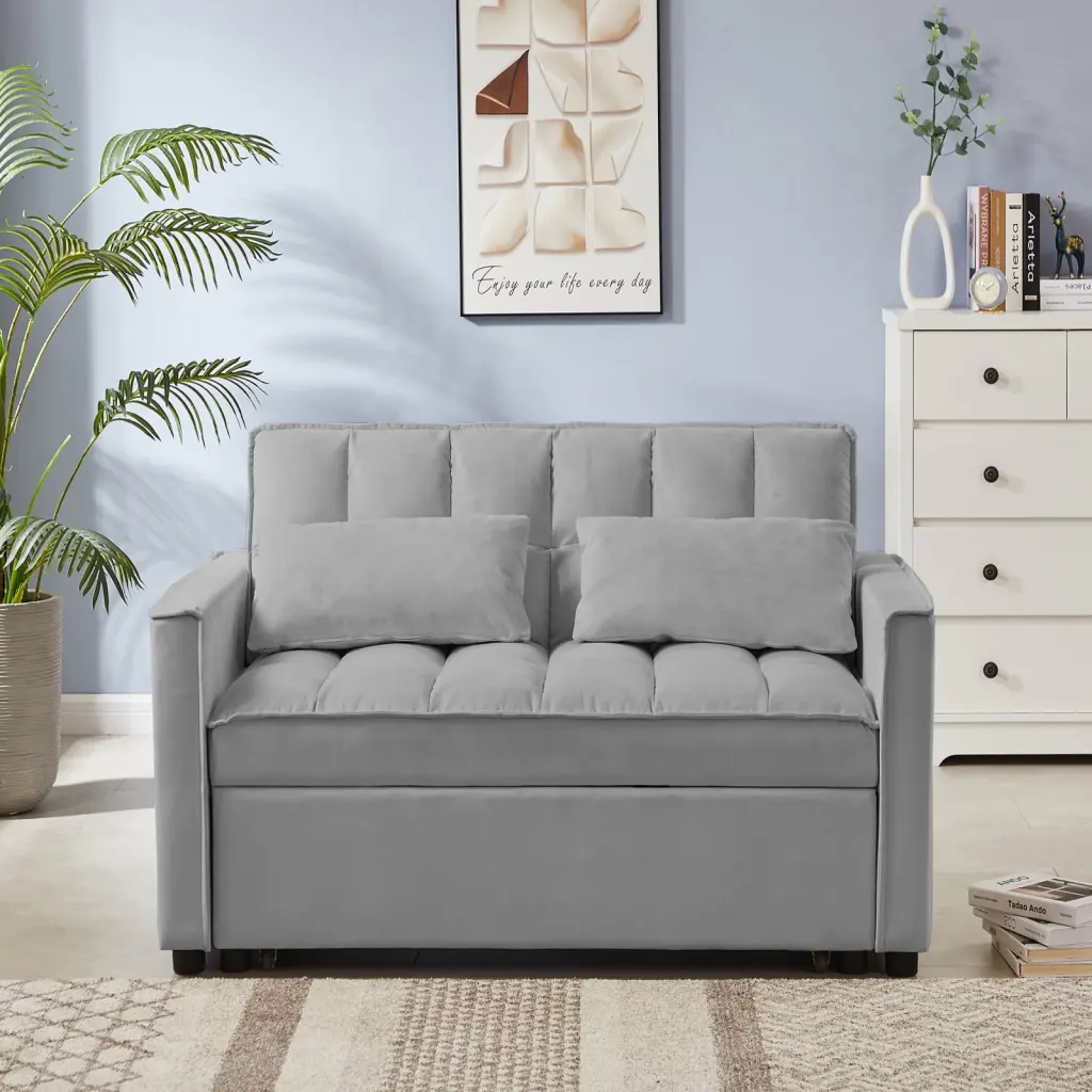 Grey Velvet Loveseat Sofa Bed - Convertible Tufted Back Design Foam-Filled Comfort Wodine