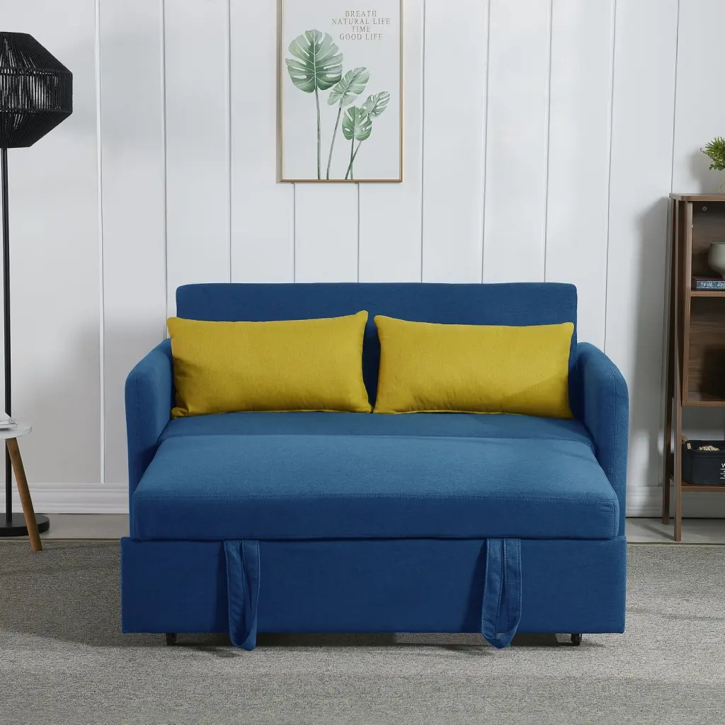 Retro Blue Twins Sofa Bed USB Port - Velvet Convertible Sofa Hidden Storage and Foam Spring Support Wodine