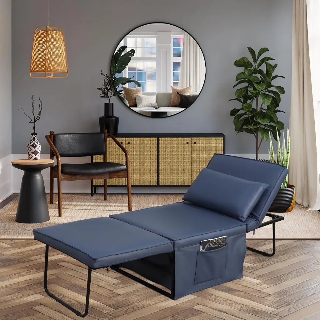 BaytoCare PRIVATE GARDEN Sofa Bed 4 1 Ottoman Sleeper Bed Convertible Chair Bed Adjustable Back Small Room Blue
