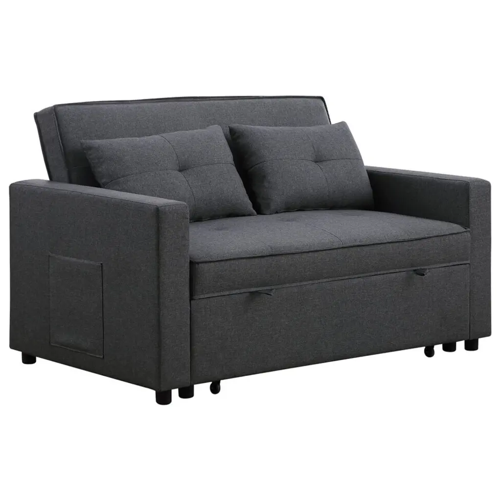 Maykoosh Earthy Elegance Dark Gray Linen Convertible Sleeper Loveseat Side Pocket