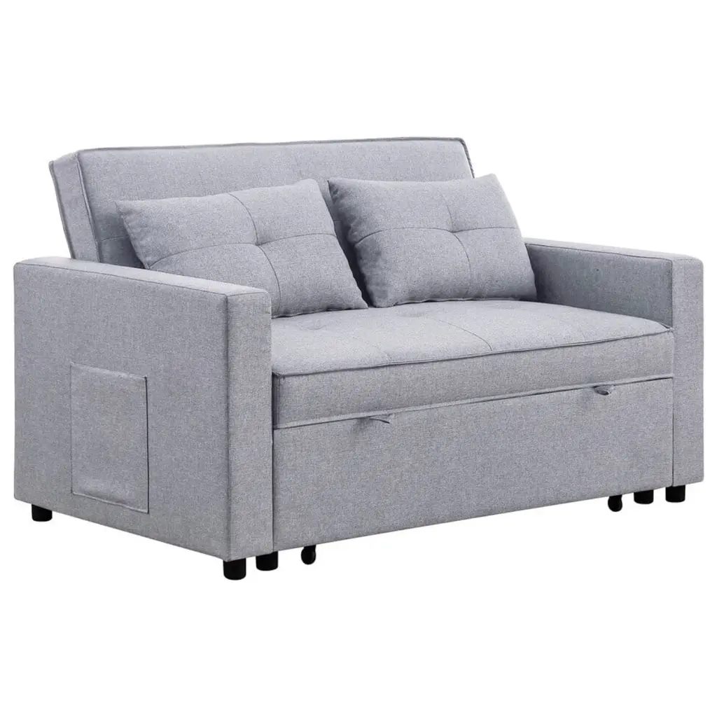 Maykoosh Rustic Refinement Light Gray Linen Convertible Sleeper Loveseat Side Pocket