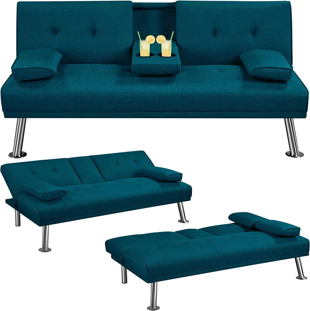 Linen Fabric Modern Sofa Bed Futon Couch 2 Cup Holders and Removable Armrests Aqua Blue MM