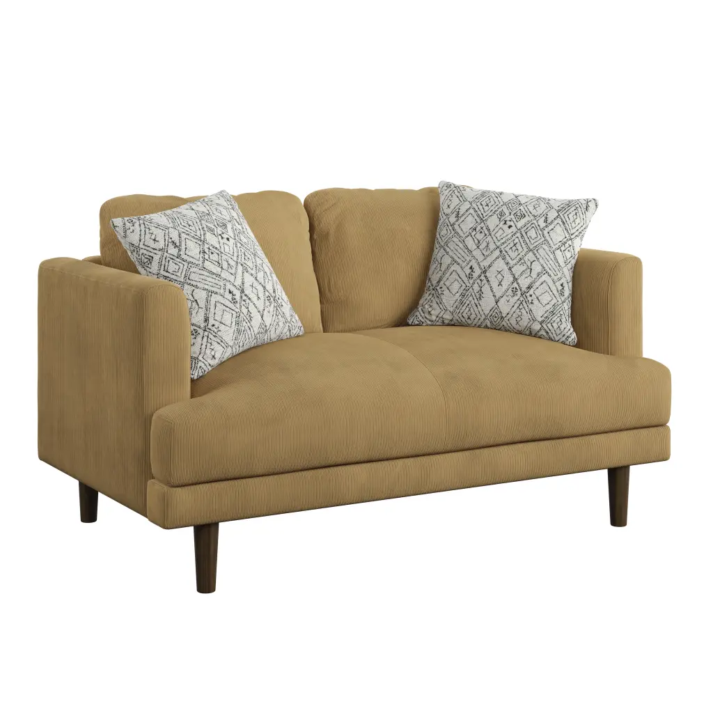 Artum Hill Keaton Dark Mustard 58 Corduroy Upholstered Loveseat 2 Toss Pillows - Unique Modern Sofa