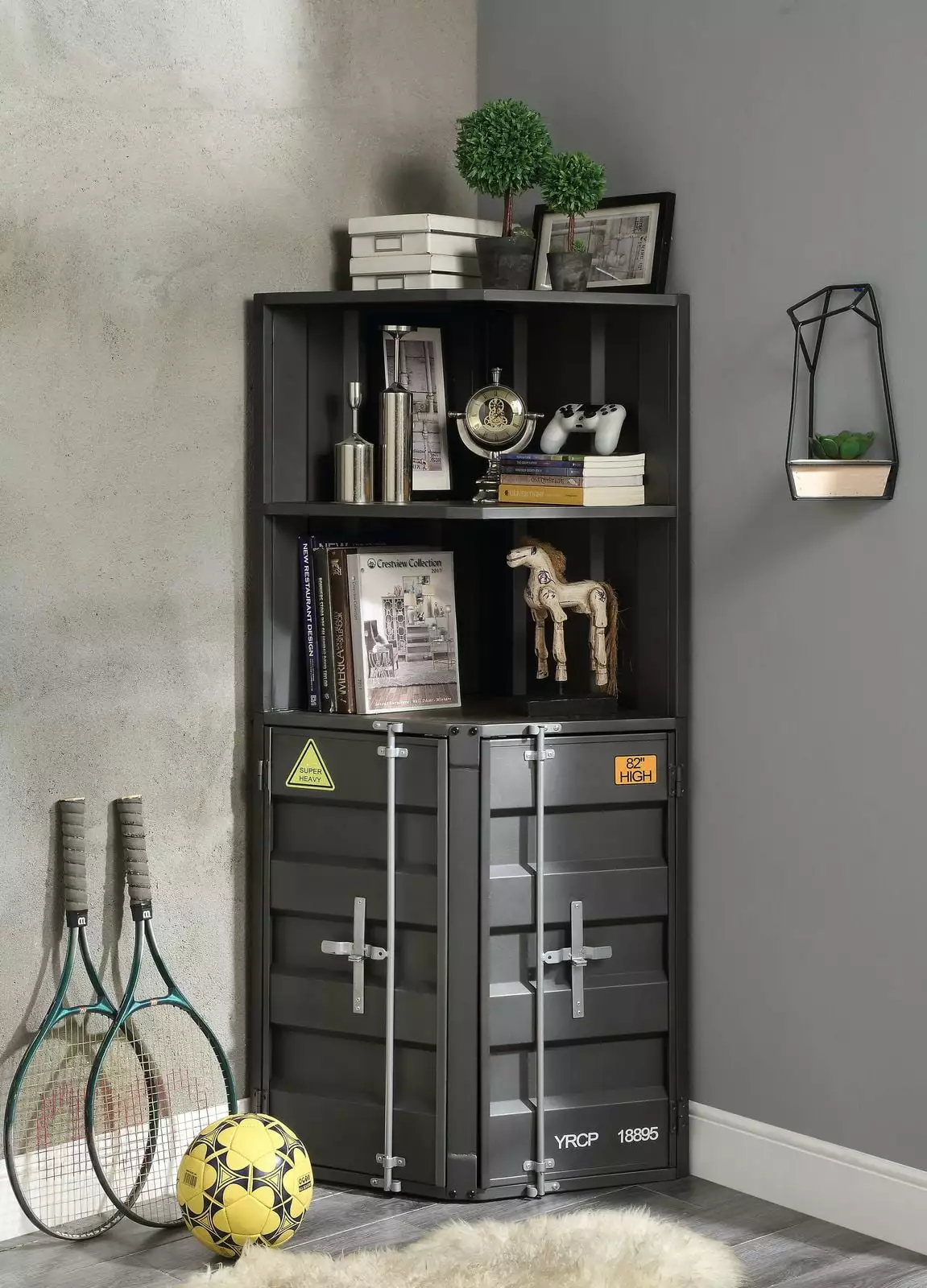 Artlia Cargo Bookcase Corner Gunmetal 92692 - Modern Metal Corner Shelf Home Office