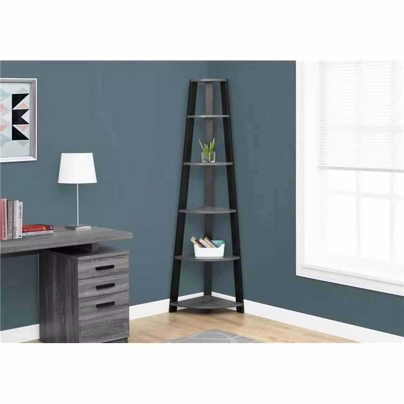 HomeRoots 332941 72 Grey & Black Particle Board Laminate & MDF Corner Bookshelf