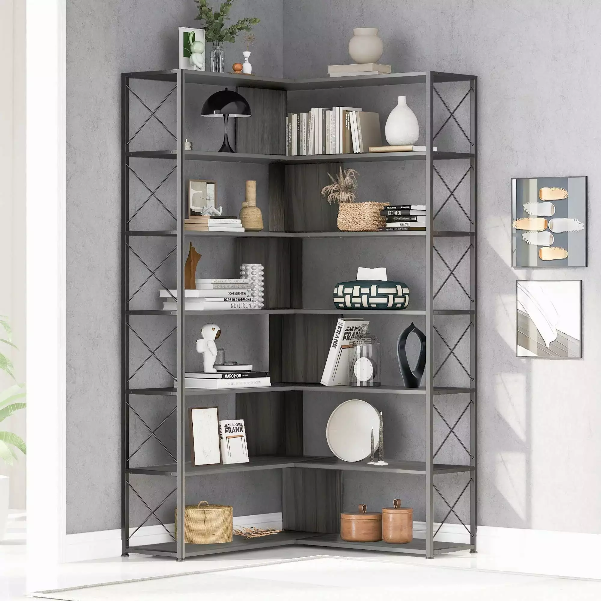 Silver+Grey 7-Tier Bookcase Home Office Bookshelf L-Shaped Corner Bookcase Metal Frame unknown