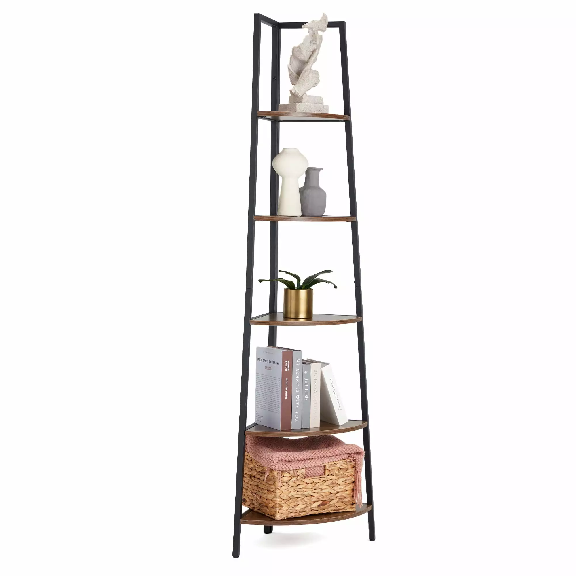 JOMEED 5 Shelf Industrial Corner Etagere Ladder Bookcase Black & Brown