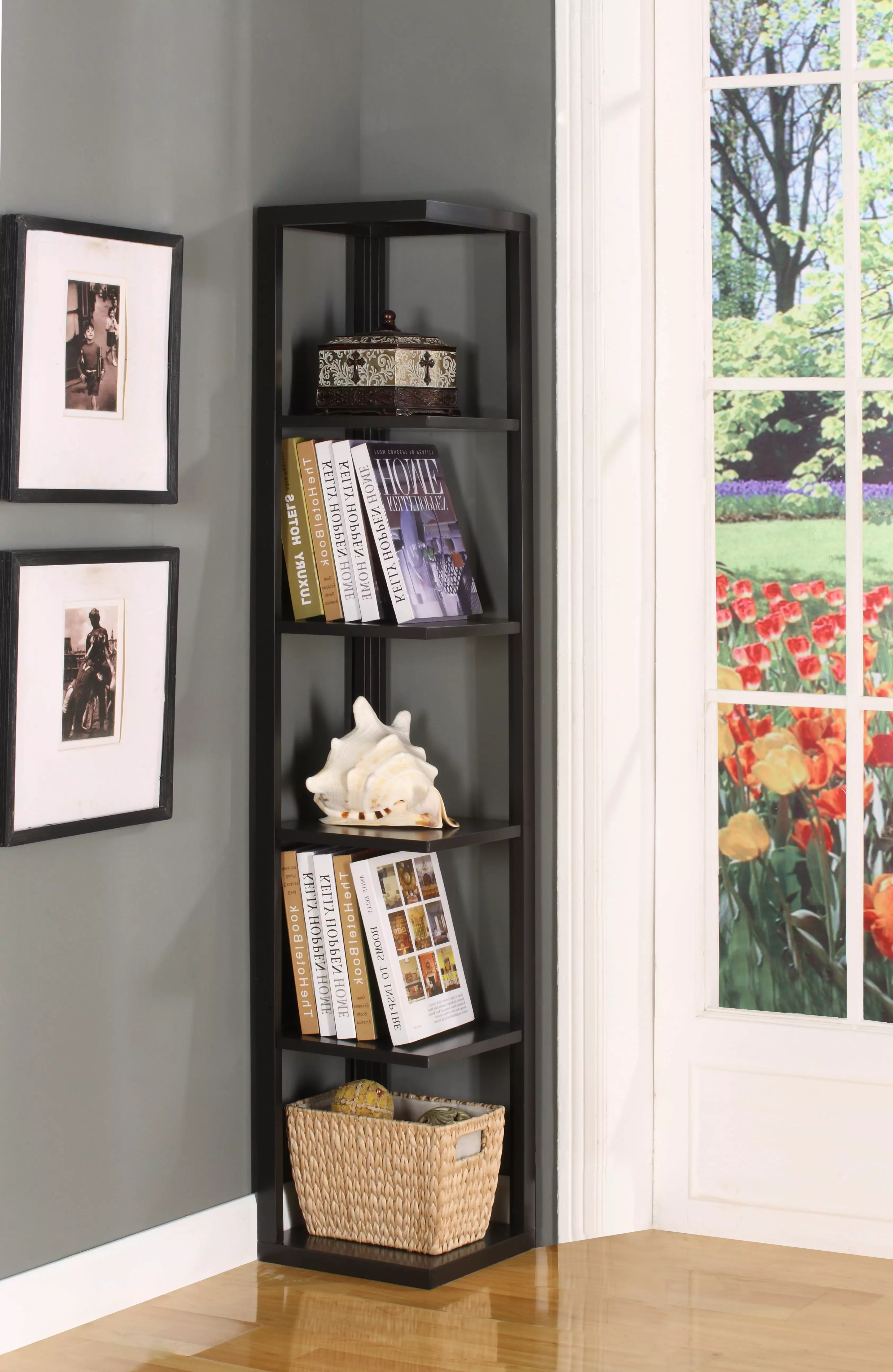 Crandall 5 Tier Corner Wall Bookcase Espresso Wood Contemporary Pilaster Designs