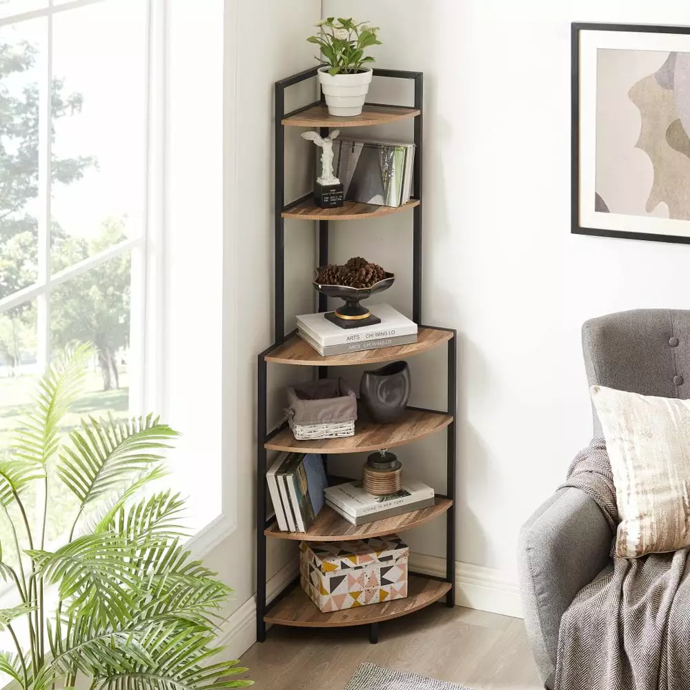 Tcbosik 59.5 Inch Tall Corner Shelf 6 Tier Rustic Brown Bookshelf Small Spaces