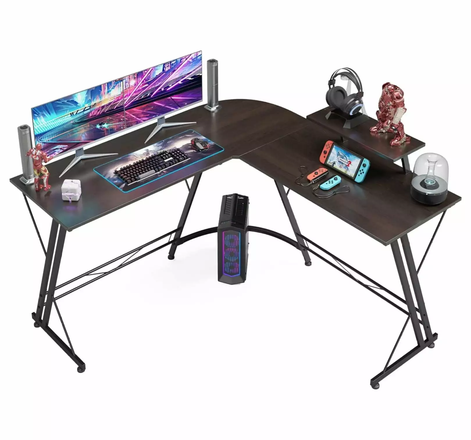 Black Walnut L Shaped Gaming Desk Multiple Monitors and Easy Assembly Alieon