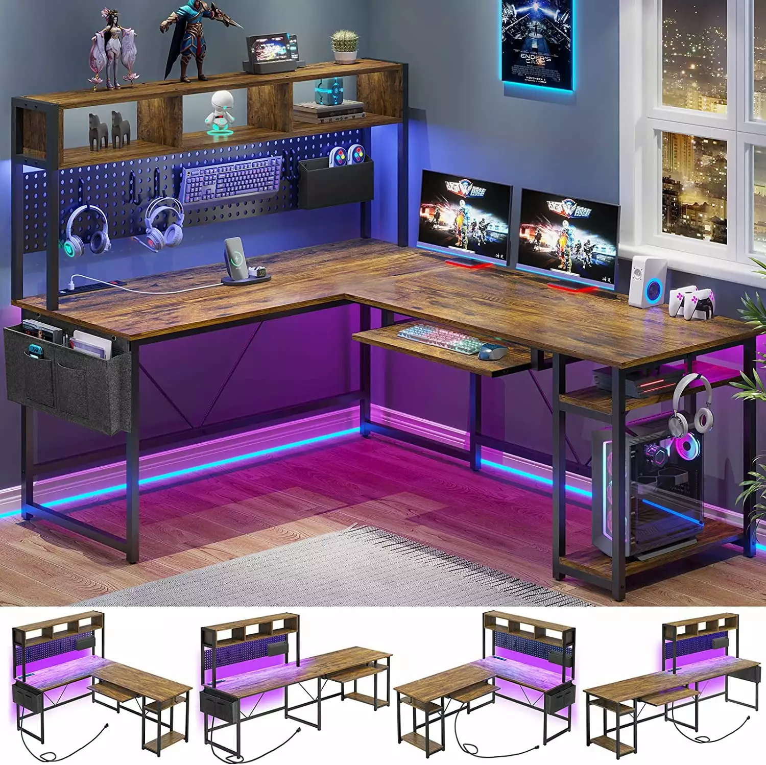L Shaped Computer Desk Reversible Corner Desk Power Outlet LED Lights Keyboard Tray Rustic Brown B&B Charcoal