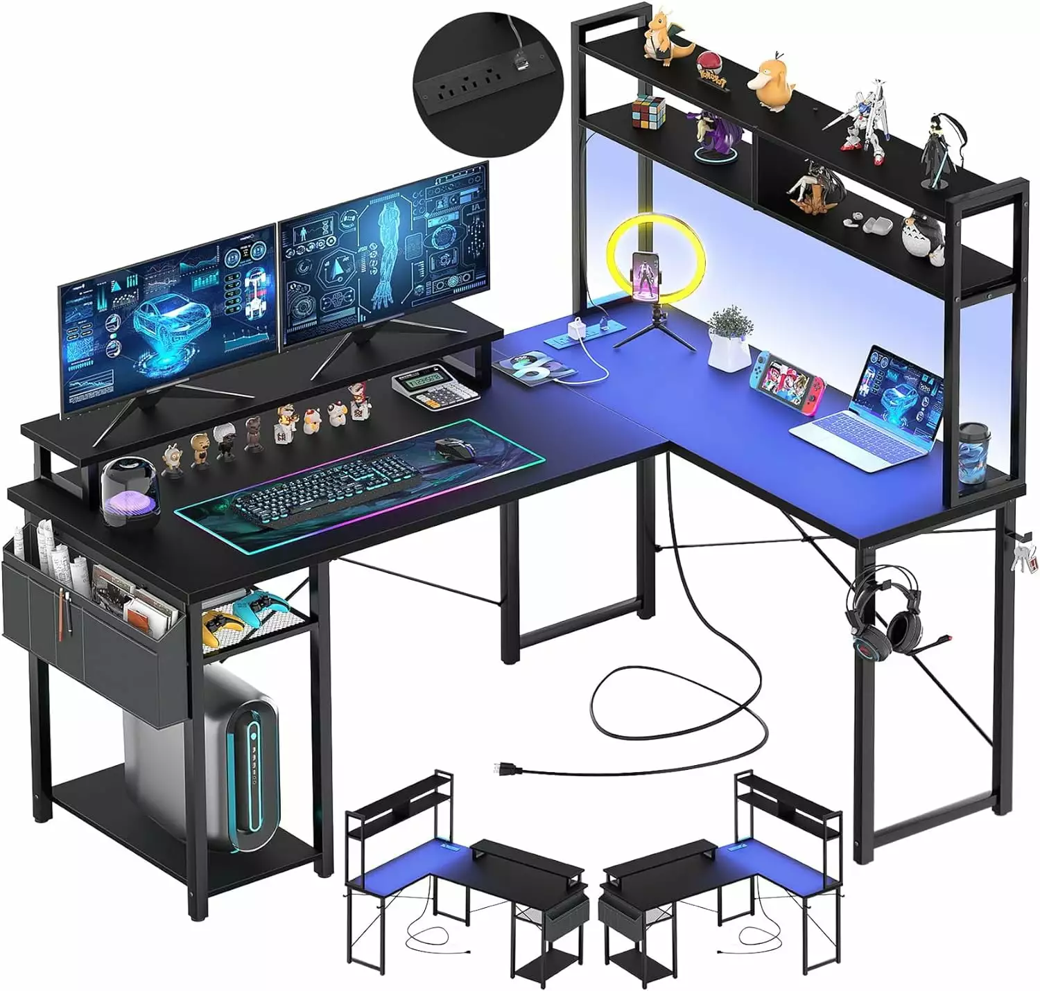 Small L Shaped Gaming Desk LED Lights Power Outlets Reversible Corner Desk B&B Charcoal