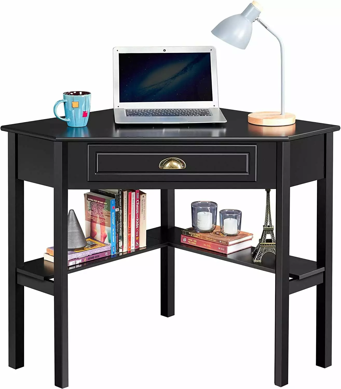 Wood Triangle Computer Desk Corner Table Large Drawer and Storage Shelves Black B&B Charcoal