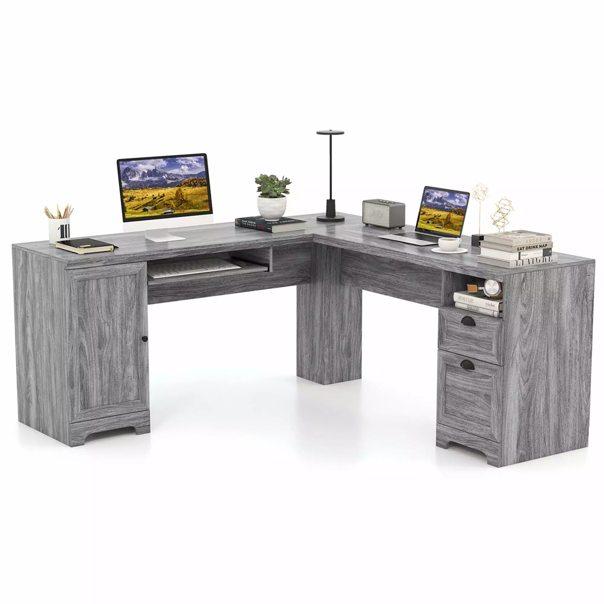 Costway L-Shaped Corner Computer Desk Writing Table Study Workstation Drawers Storage