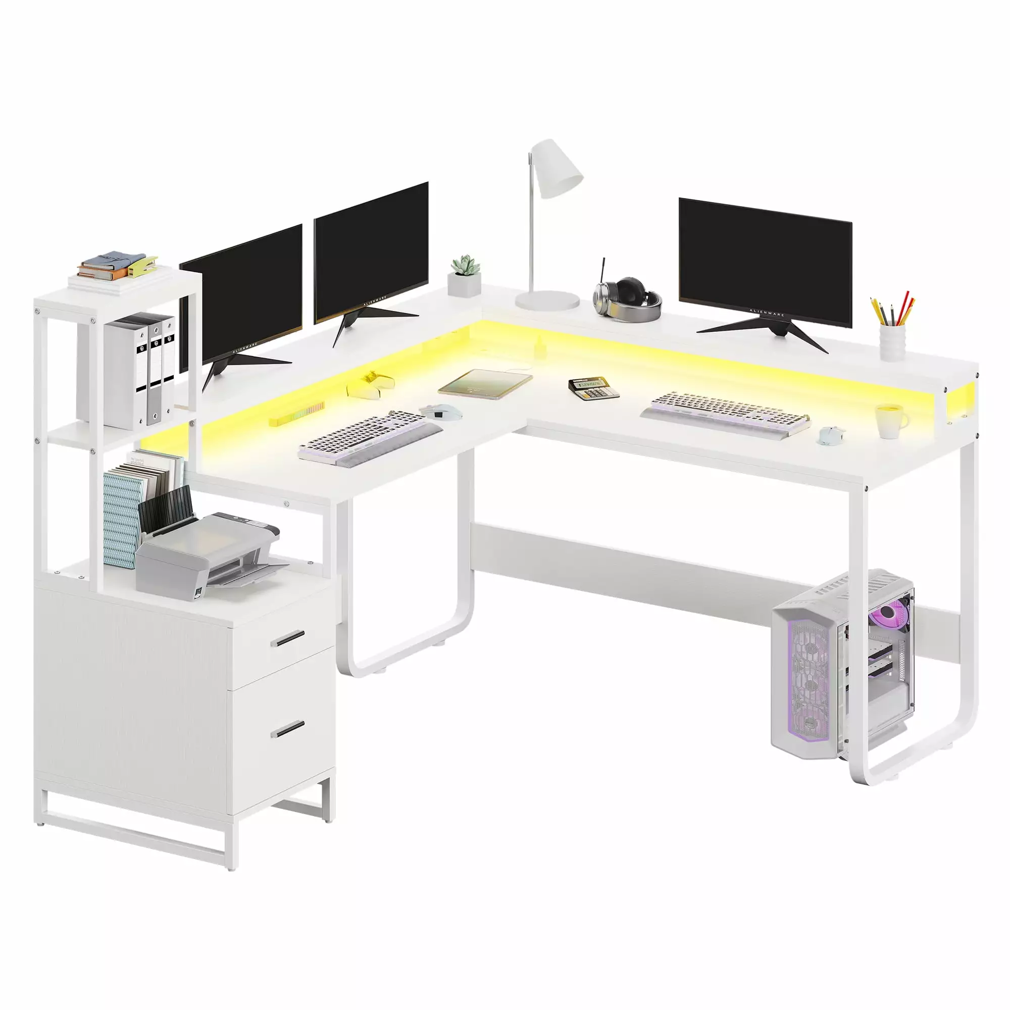 Craftian L Shape Desk Hutch Monitor Stand and 2 Drawers Reversible Large Computer Desk LED Light and Power Outlet Home Off...