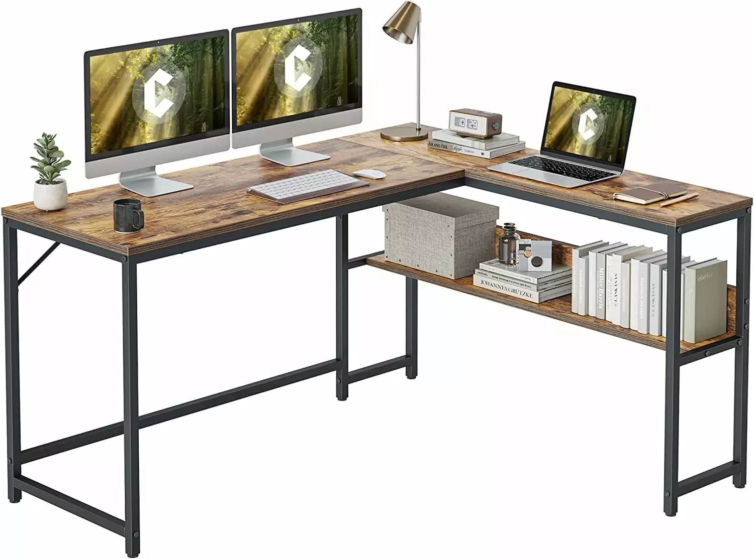 CubiCubi L Shaped Desk 55.1 inch Corner Computer Desk Storage Shelves Study Writing Table Workstation Open Shelves Home Of...