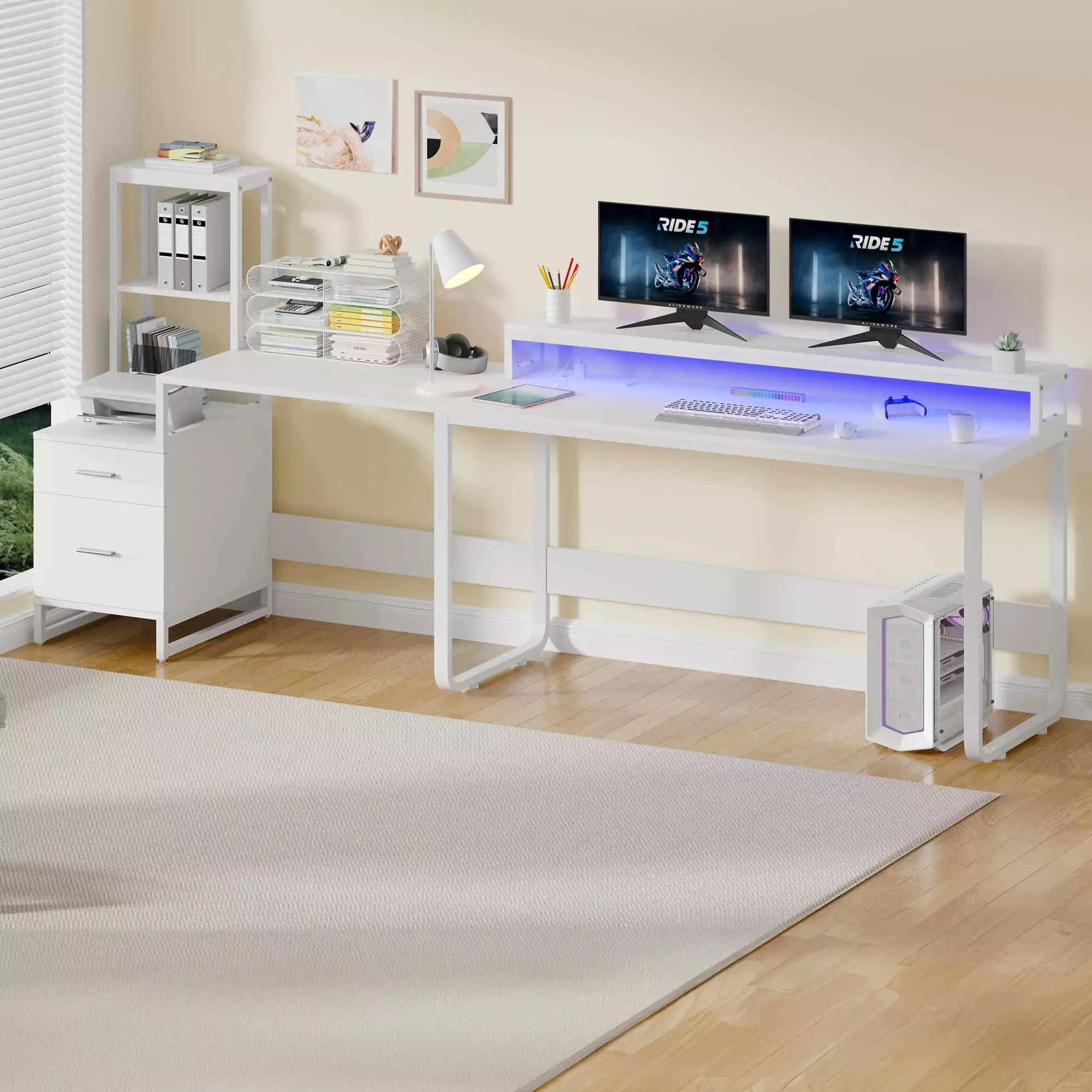 Dextrus L Shape Desk Hutch Monitor Stand and 2 Drawers Reversible Large Computer Desk LED Light and Power Outlet Home Offi...