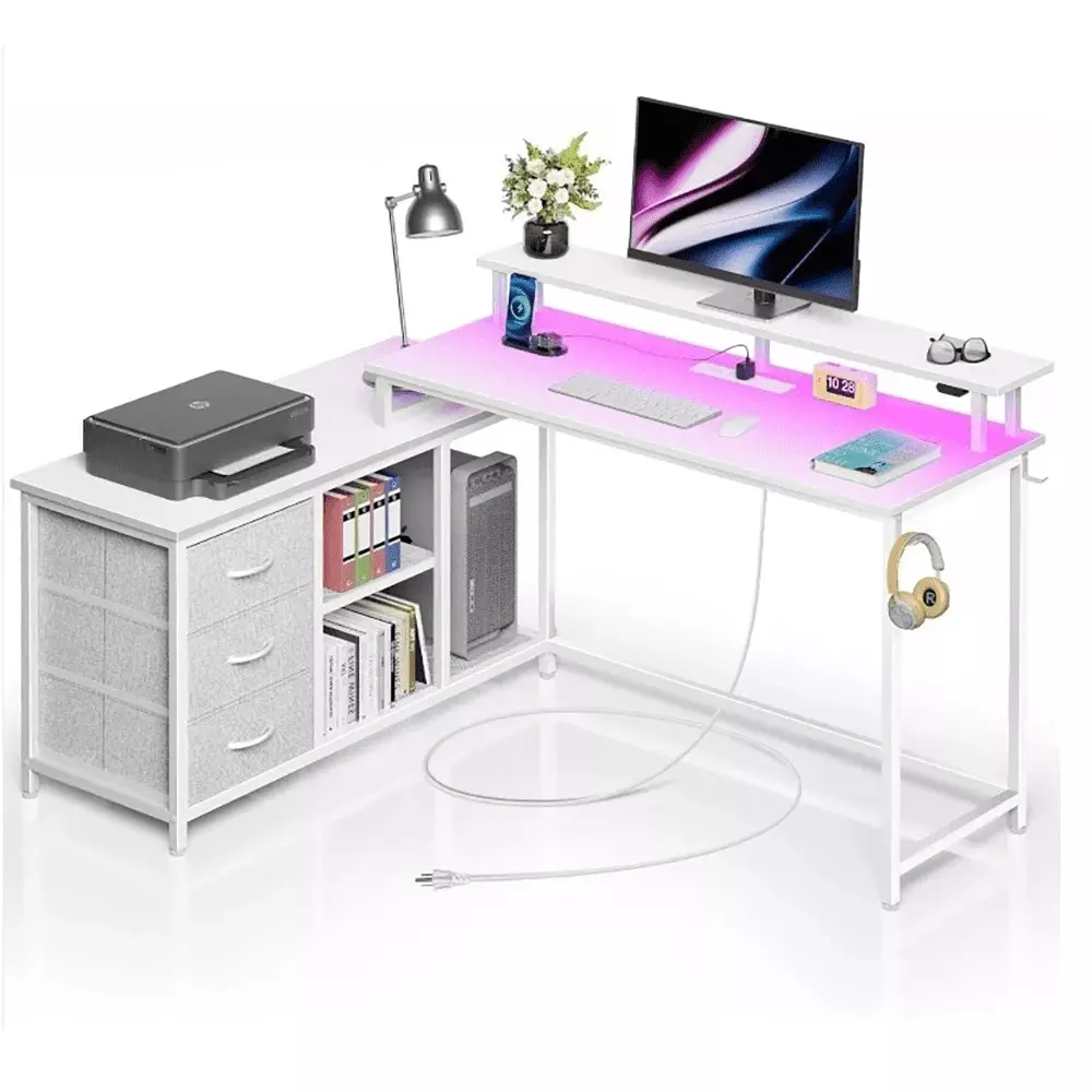 L Shaped Computer Desk Drawers LED Lights Charging Port Corner Gaming Desk DQMARTY