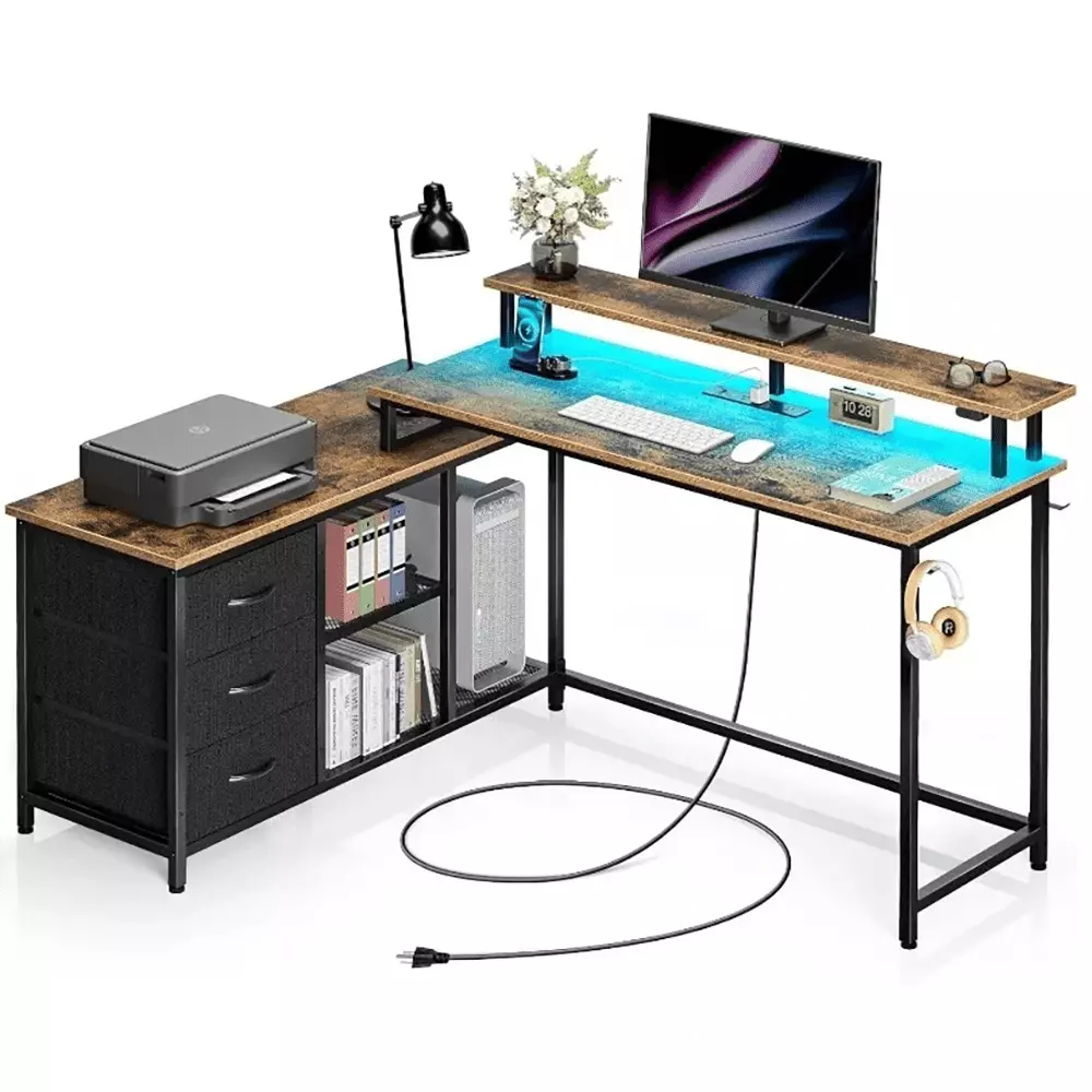 L Shaped Computer Desk Drawers LED Lights Charging Port Corner Gaming Desk DQMARTY