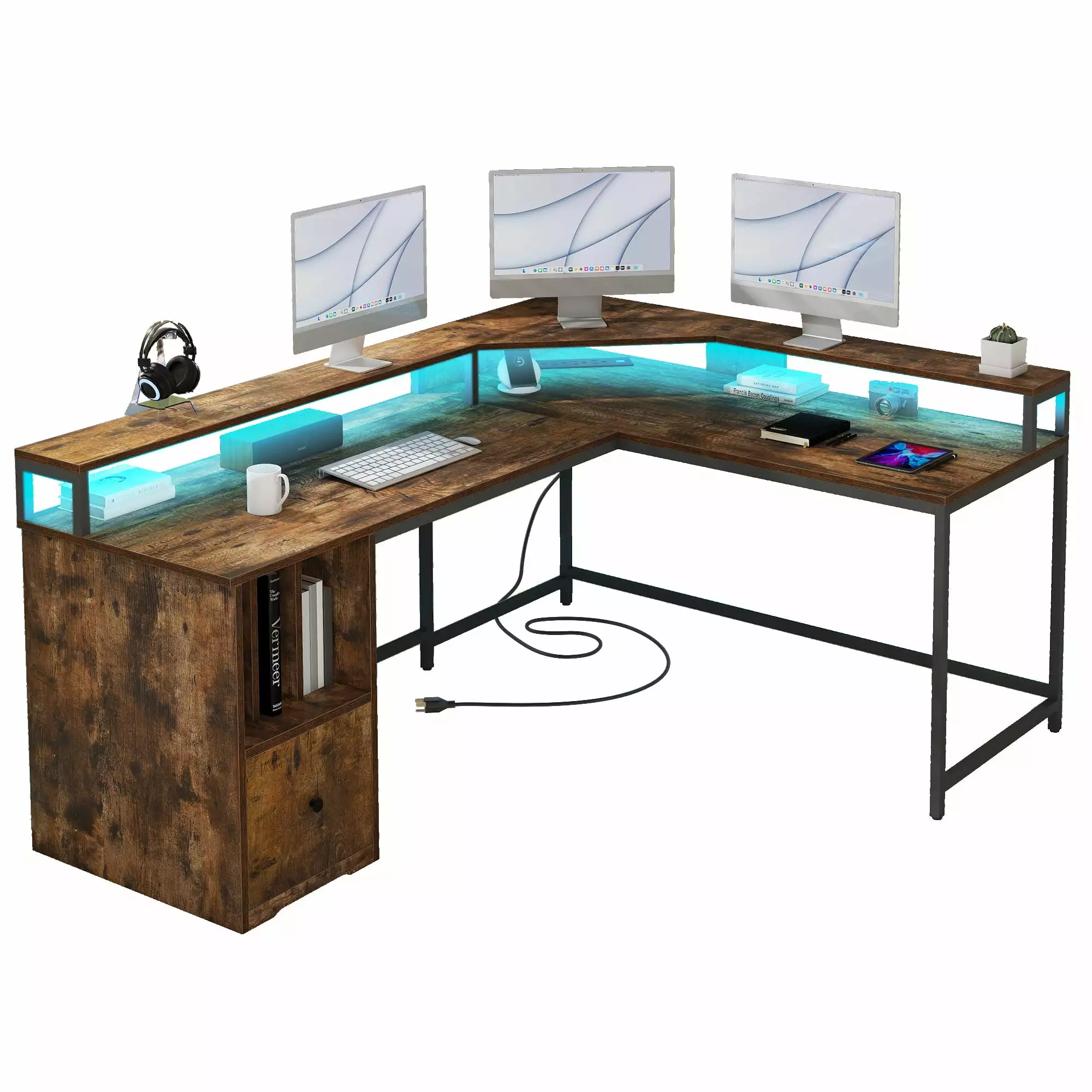 DWVO 67 Inch L Shaped Computer Desk Power Outlets and LED Lights