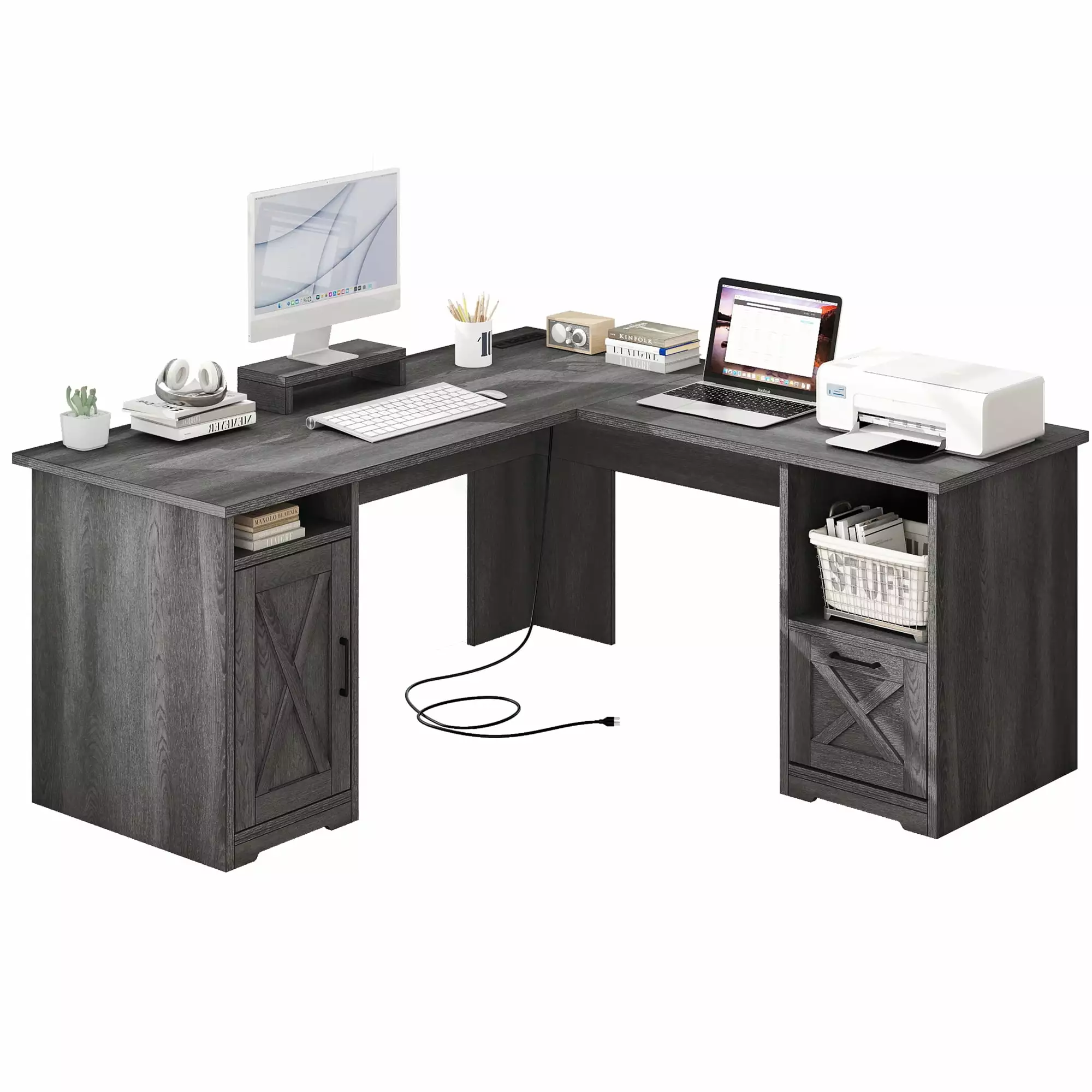 DWVO L Shaped Desk Drawers 60 L-Shaped Desk Power Outlets Corner Computer Desk Home Office Desk Monitor Stand Grey
