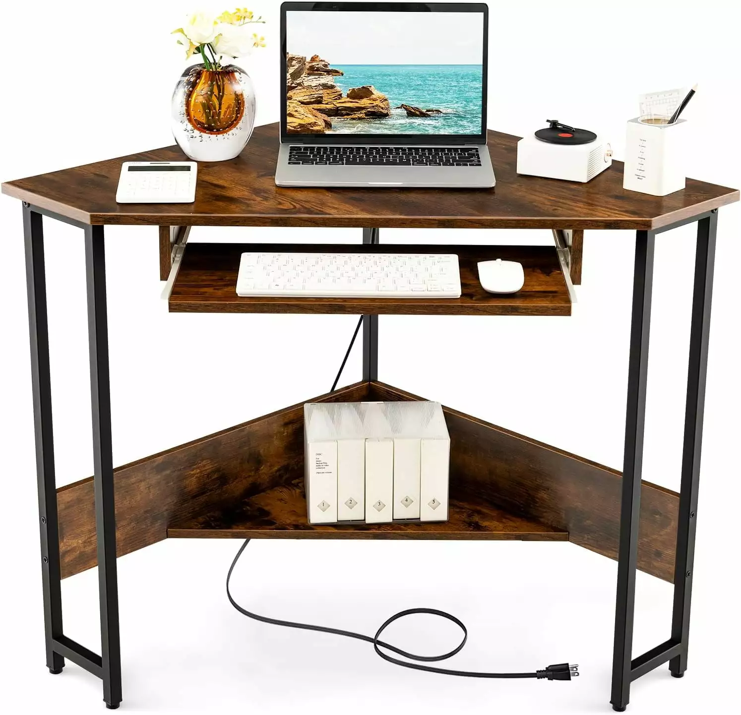 Elegant Corner Desk Keyboard Tray 90-Degree Triangle Corner Computer Desk Small Space Industrial Writing Desk