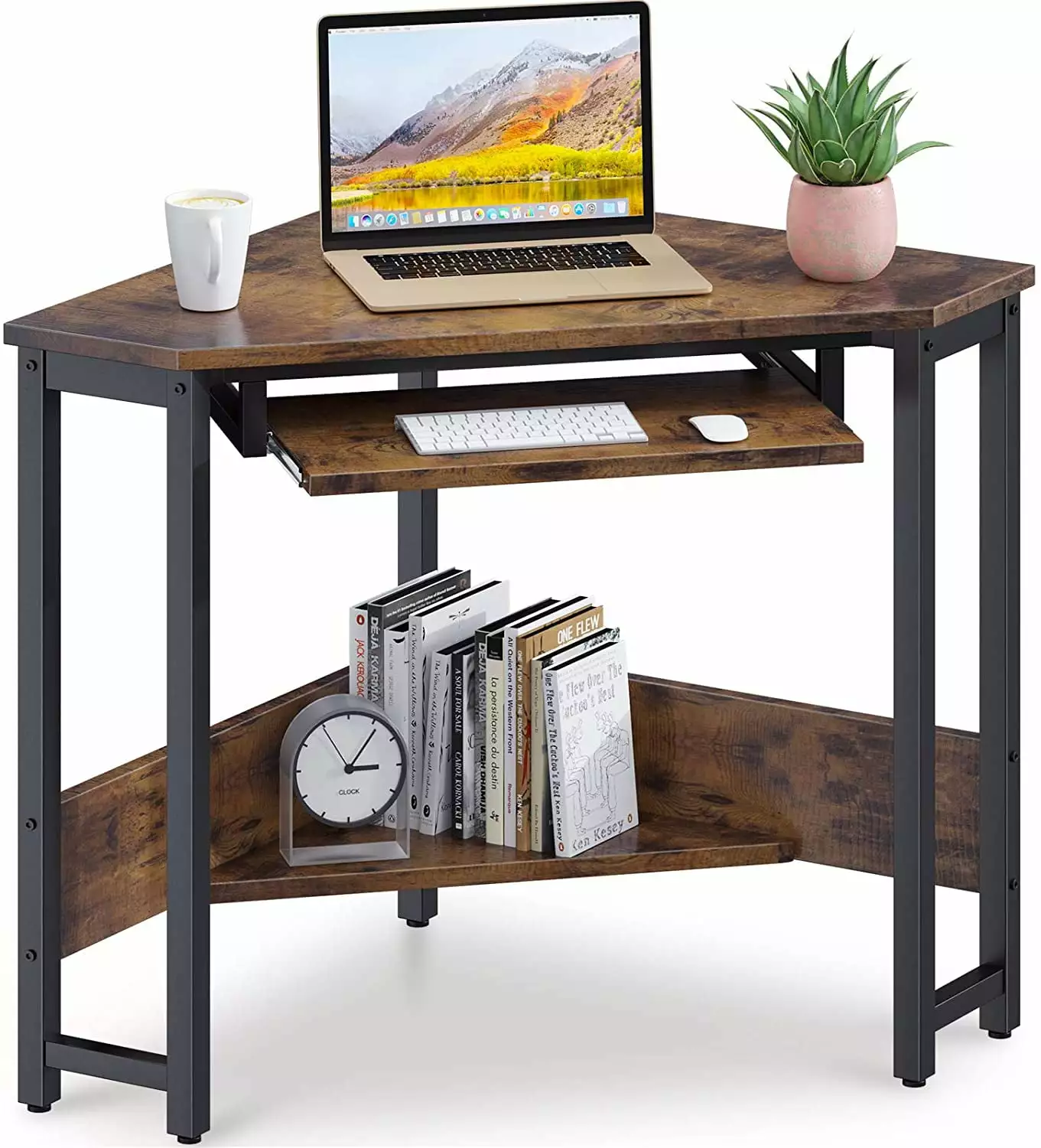 Elegant Corner Desk Triangle Computer Desk Keyboard Tray Storage Shelves Vintage Workstation