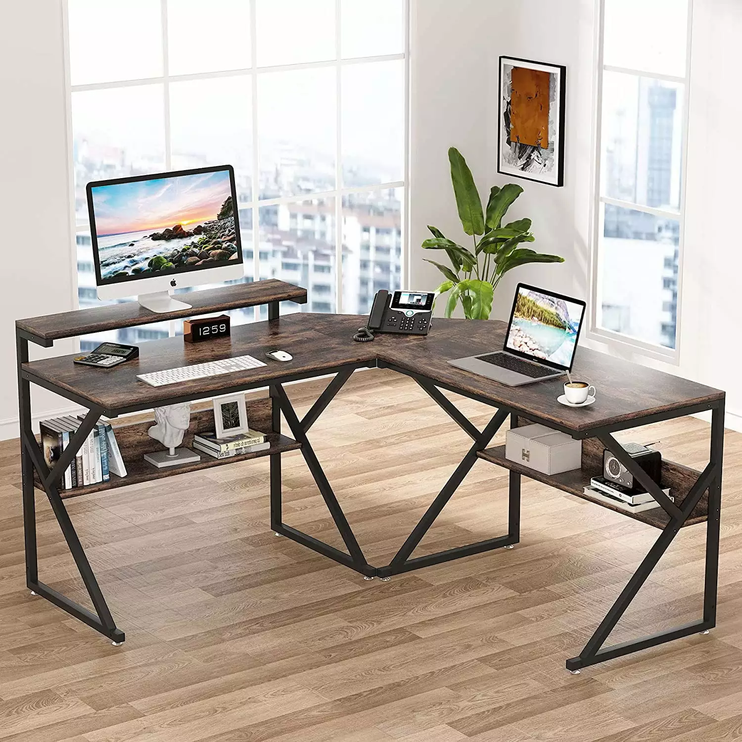 Elegant L Shaped Desk Storage Shelves 63 Inch Industrial Corner Computer Desk Monitor Stand