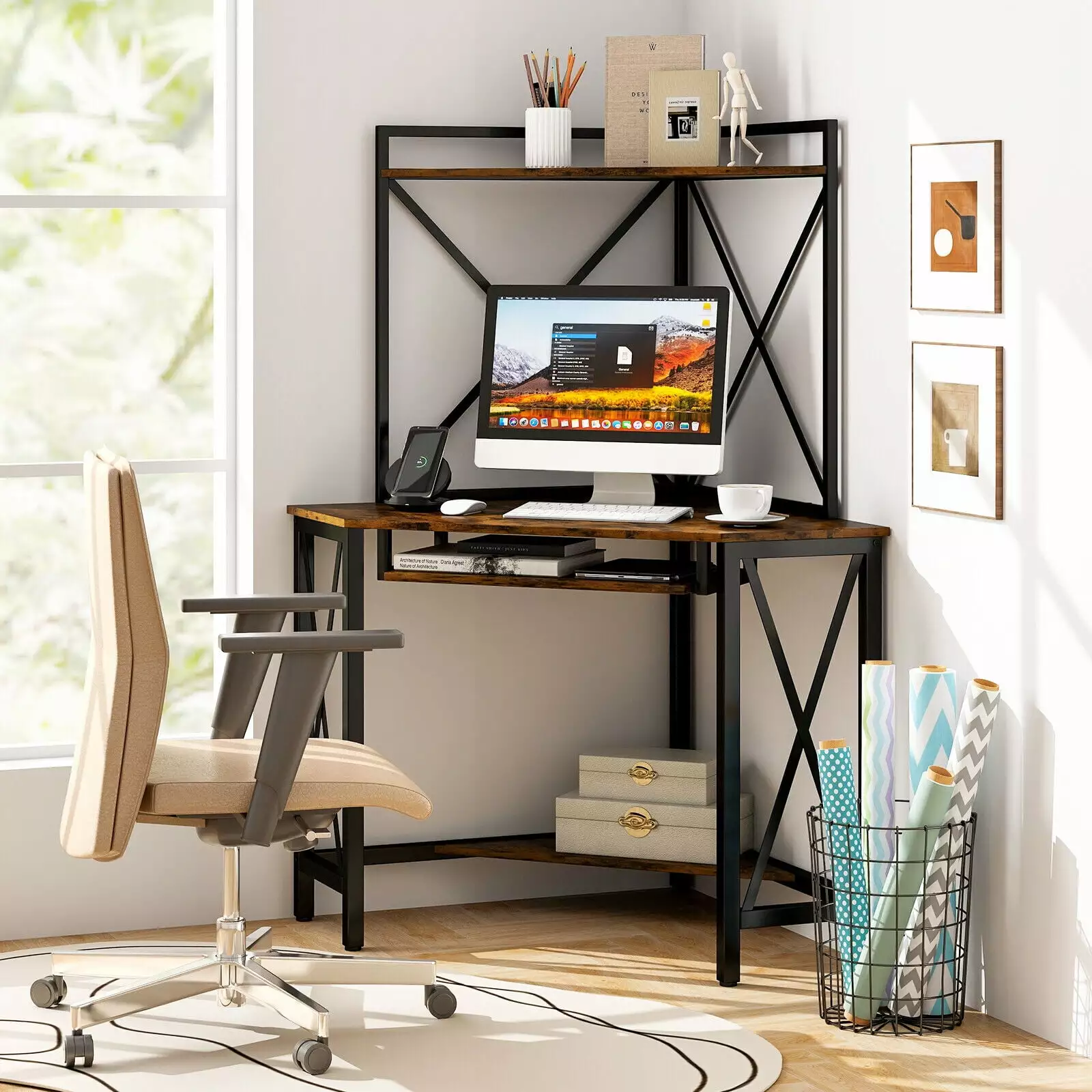 Exdeerjoy Corner Desk Hutch Space-Saving Computer Desk Shelves and Keyboard Tray