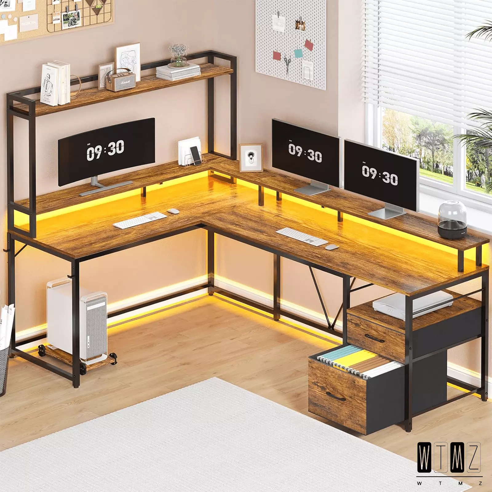 FHWM-WTMZ 94.4 Inch L Shaped Desk File Drawer Monitor Shelf Hutch and LED Lights Reversible Corner Gaming Desk Rustic Brown
