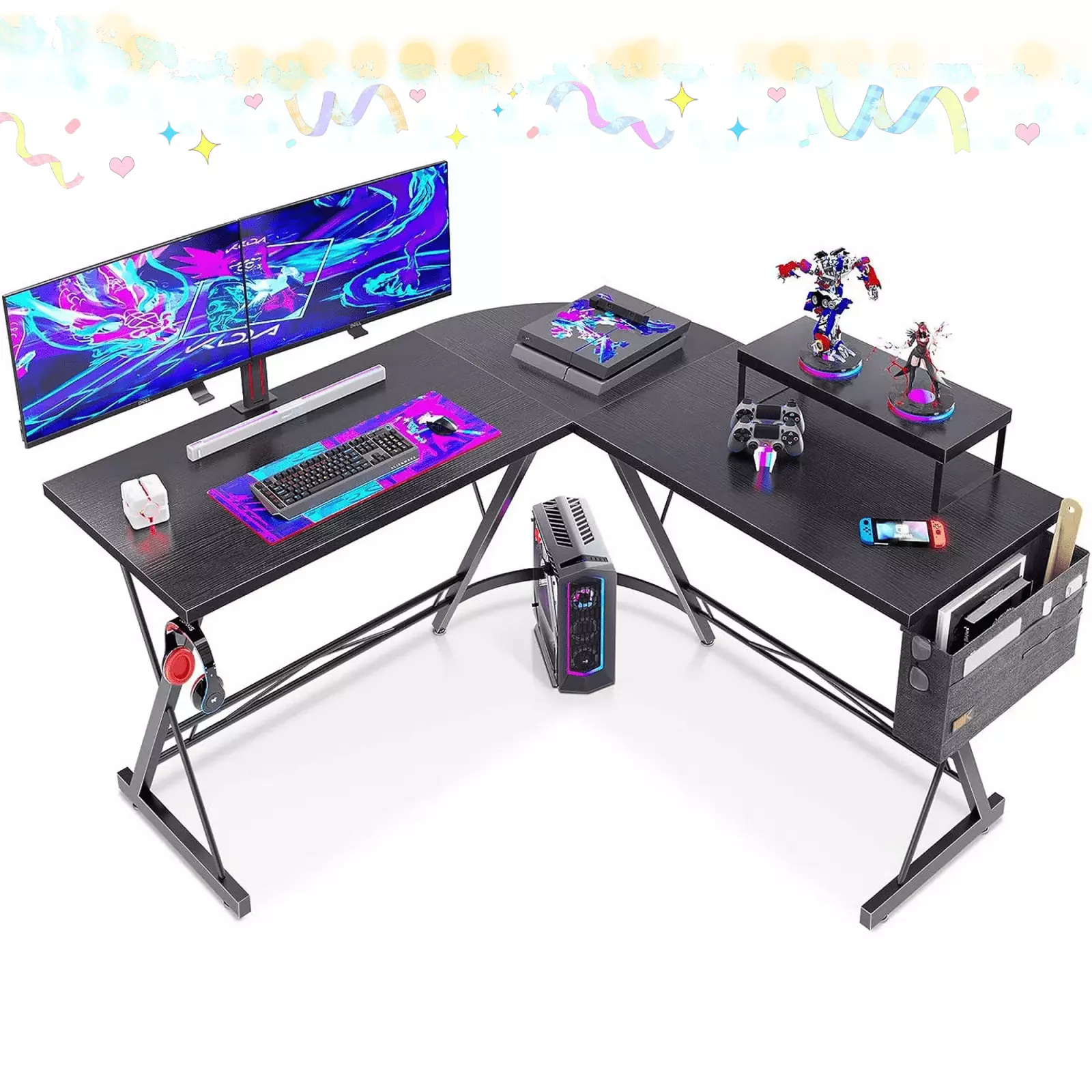 51 inch L-shaped computer desk monitor stand natural black color multifunctional workstation suitable gaming and office us...