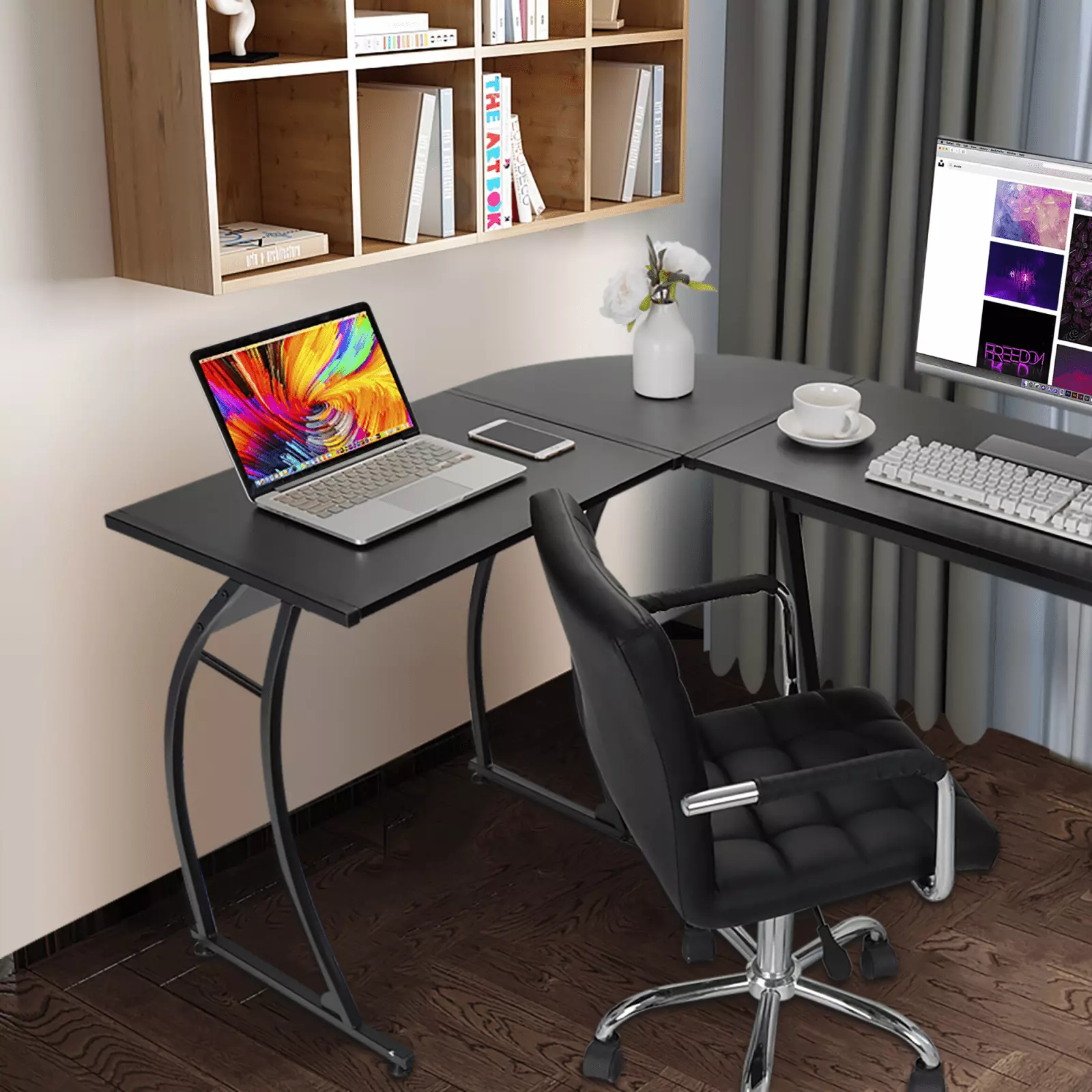 58 Inch L-Shaped MDF Desk Black Corner Desk Gaming Writing Workstation FHWM2