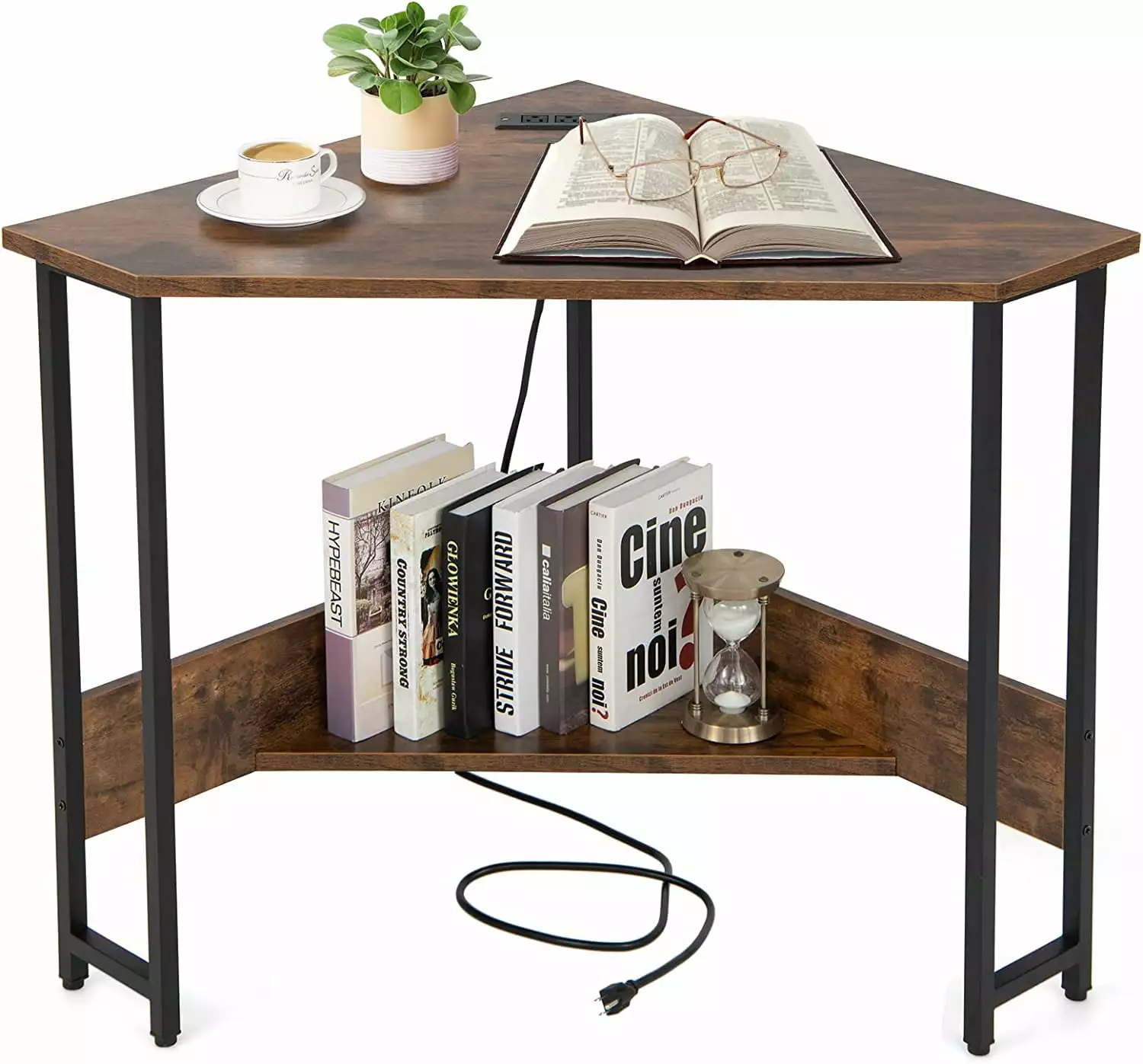 Corner Computer Desk USB Ports Power Outlet Storage Shelf Rustic Brown Triangle Steel Frame FYB