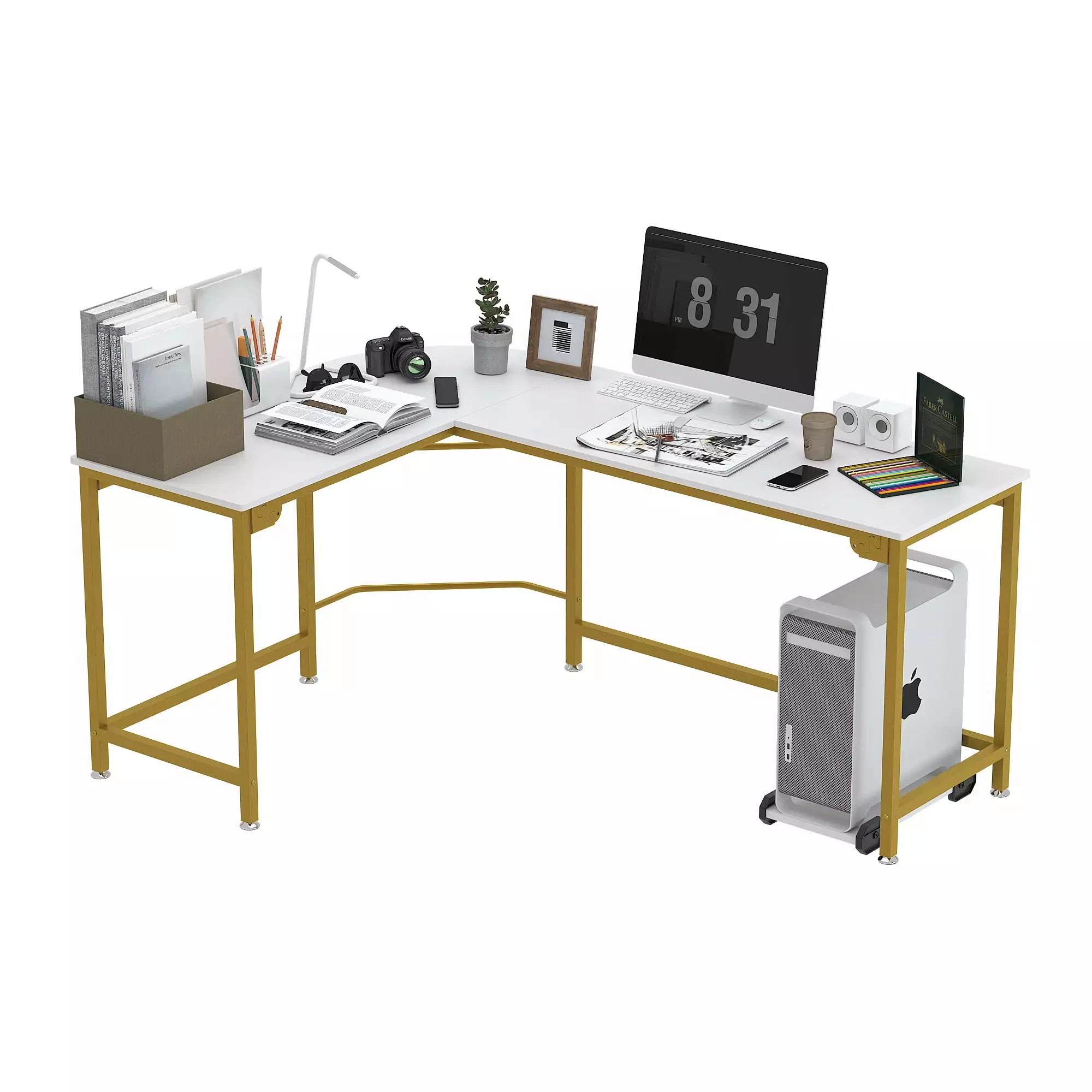 Gezen 66.14 L Shaped Corner Computer Desk Study Wood Steel PC Laptop Gaming Table Gold Finish