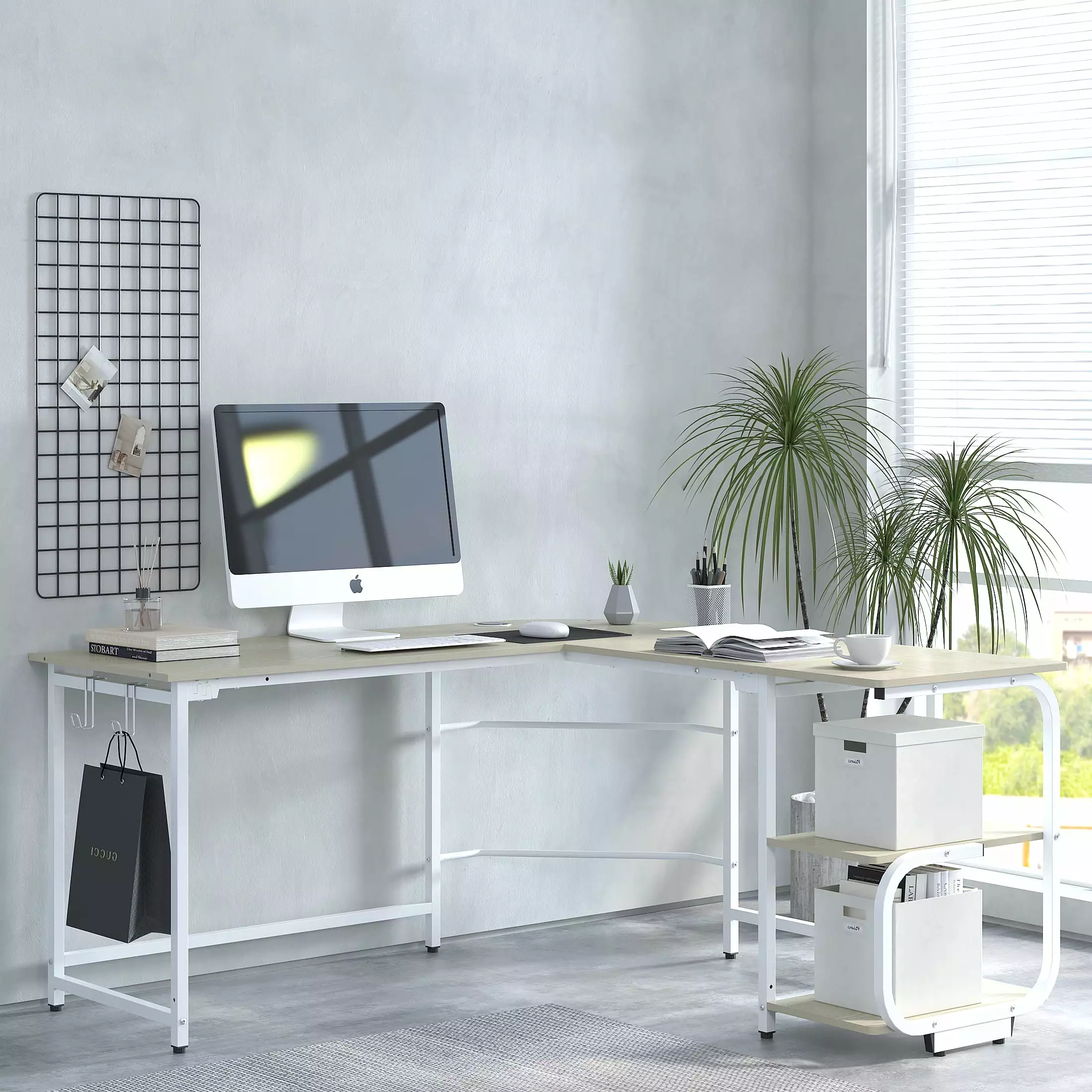 GEZEN 70 L Shape Computer Desk 2 Tier Bookshelf Storage Home Office Corner Table